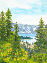 Load image into Gallery viewer, Watercolor painting of Lake Tahoe framed by pine trees, with granite mountains across the water, by Romina Branje.