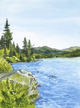 Load image into Gallery viewer, Watercolor painting of Lake Tahoe framed by pine trees, with snowy mountains across the water, by Romina Branje

