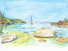 Load image into Gallery viewer, Watercolor painting of Lake Tahoe with granite boulders in the water
