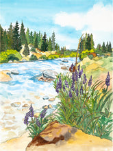 Load image into Gallery viewer, Watercolor painting of the Truckee River with purple lupines and pine trees, Truckee, Lake Tahoe, by Romina Branje
